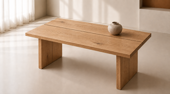Detalje af FORM 01 sofabord i massiv eg med naturlig åretegning, to gennemgående planker og massive pladeben.