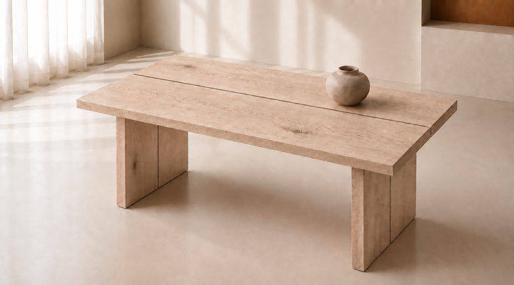 Detalje af FORM 01 sofabord i lys, hvidolieret eg med naturlig åretegning, to hele planker og massive pladeben.