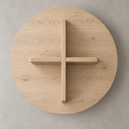 CROSS 01 i lys eg – korsformet sokkel set fra undersiden, designillustration