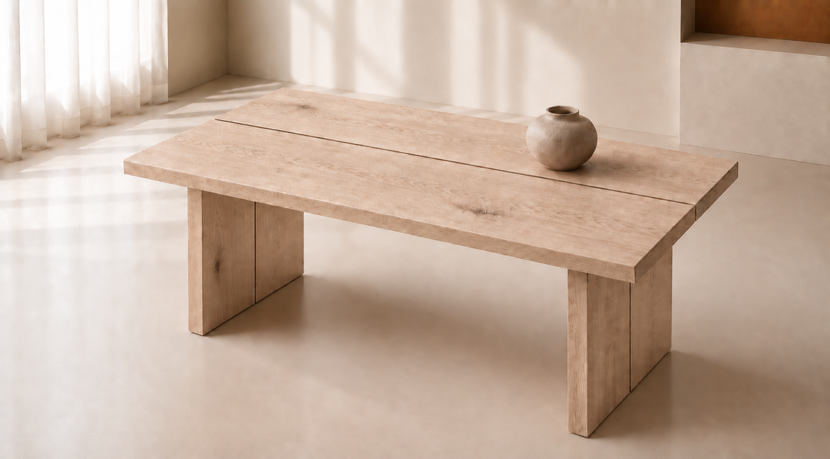 Detalje af FORM 01 sofabord i lys, hvidolieret eg med naturlig åretegning, to hele planker og massive pladeben.