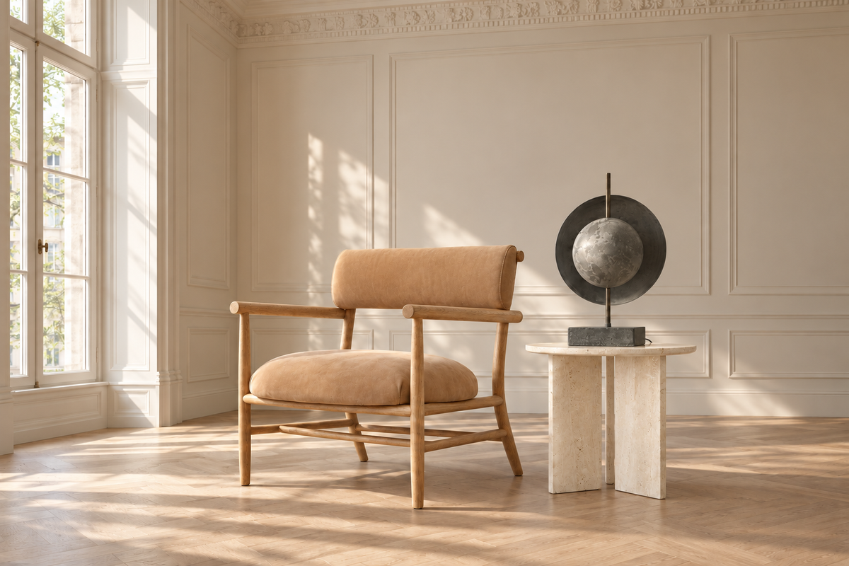Et lyst rum med Nama loungestol, Jade sidebord og Dusk bordlampe.