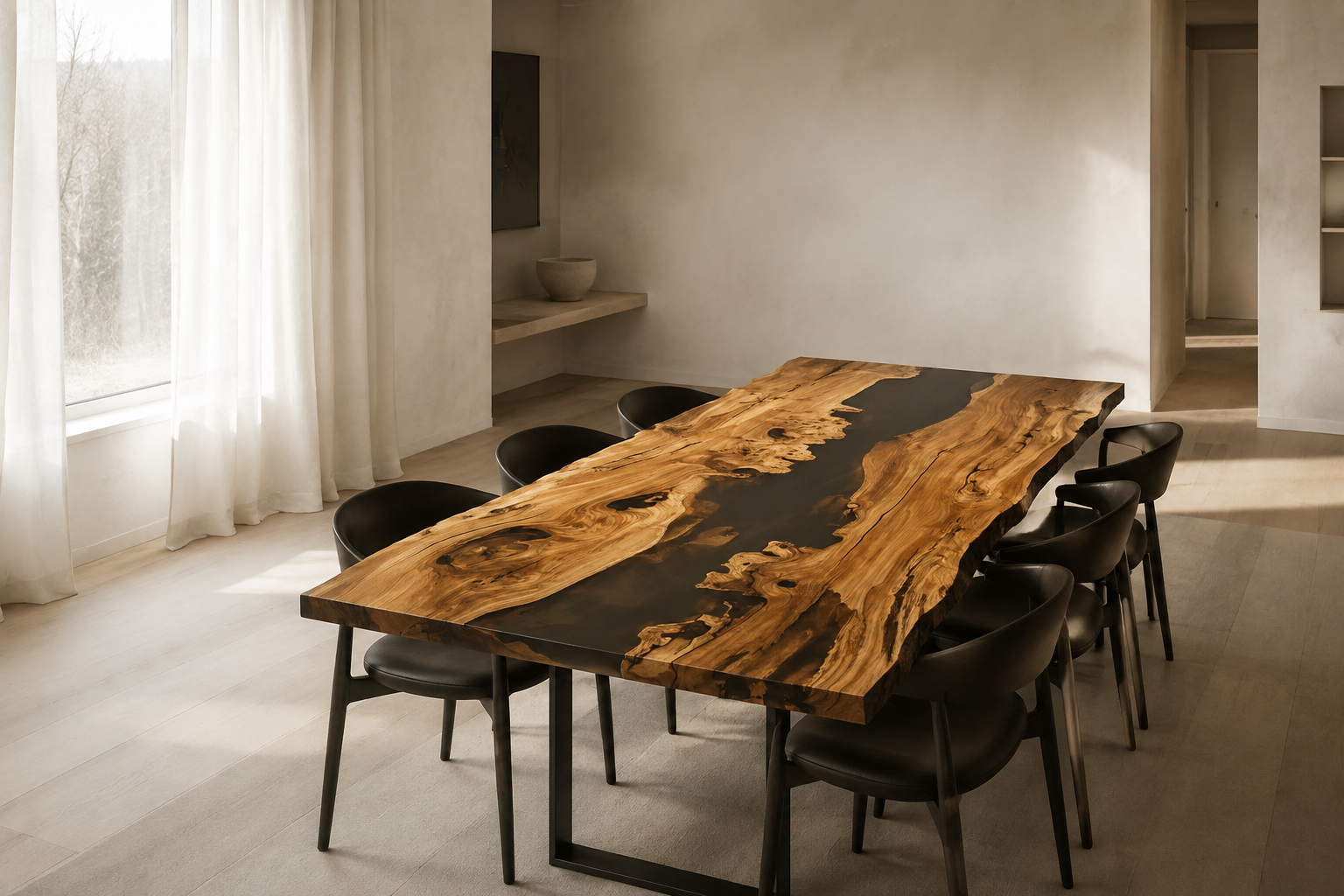 Inspiration til plankebord i træ med sort epoxy